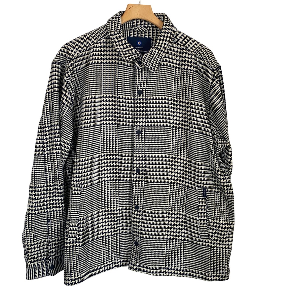 NWT Ben Sherman Mens Navy Houndstooth Cotton Snap Front Shirt Jacket XXL